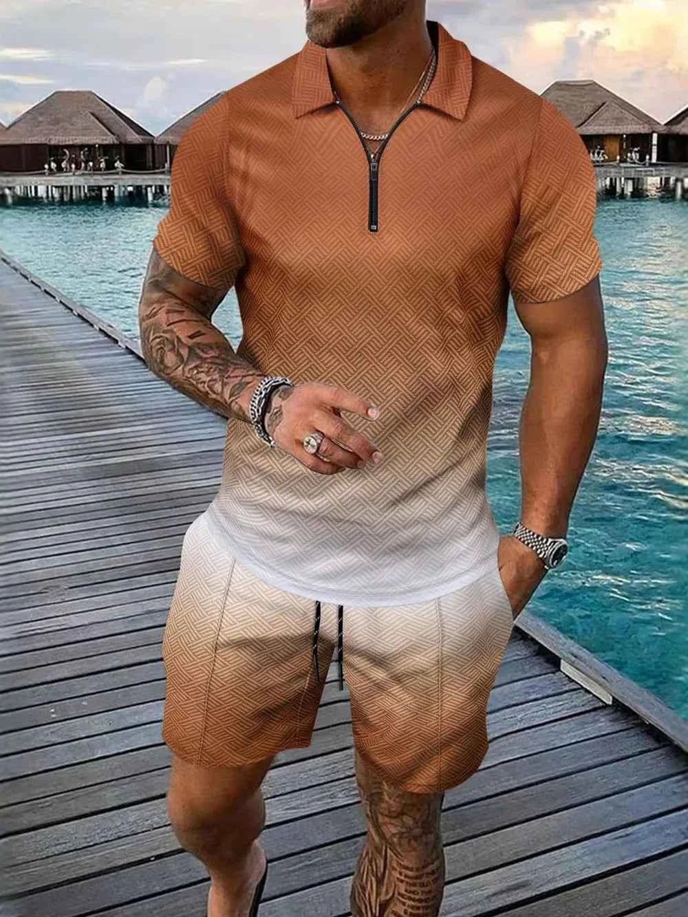 Men's Gradient Outfit + Pocketed Drawstring Shorts Set - Plus Size