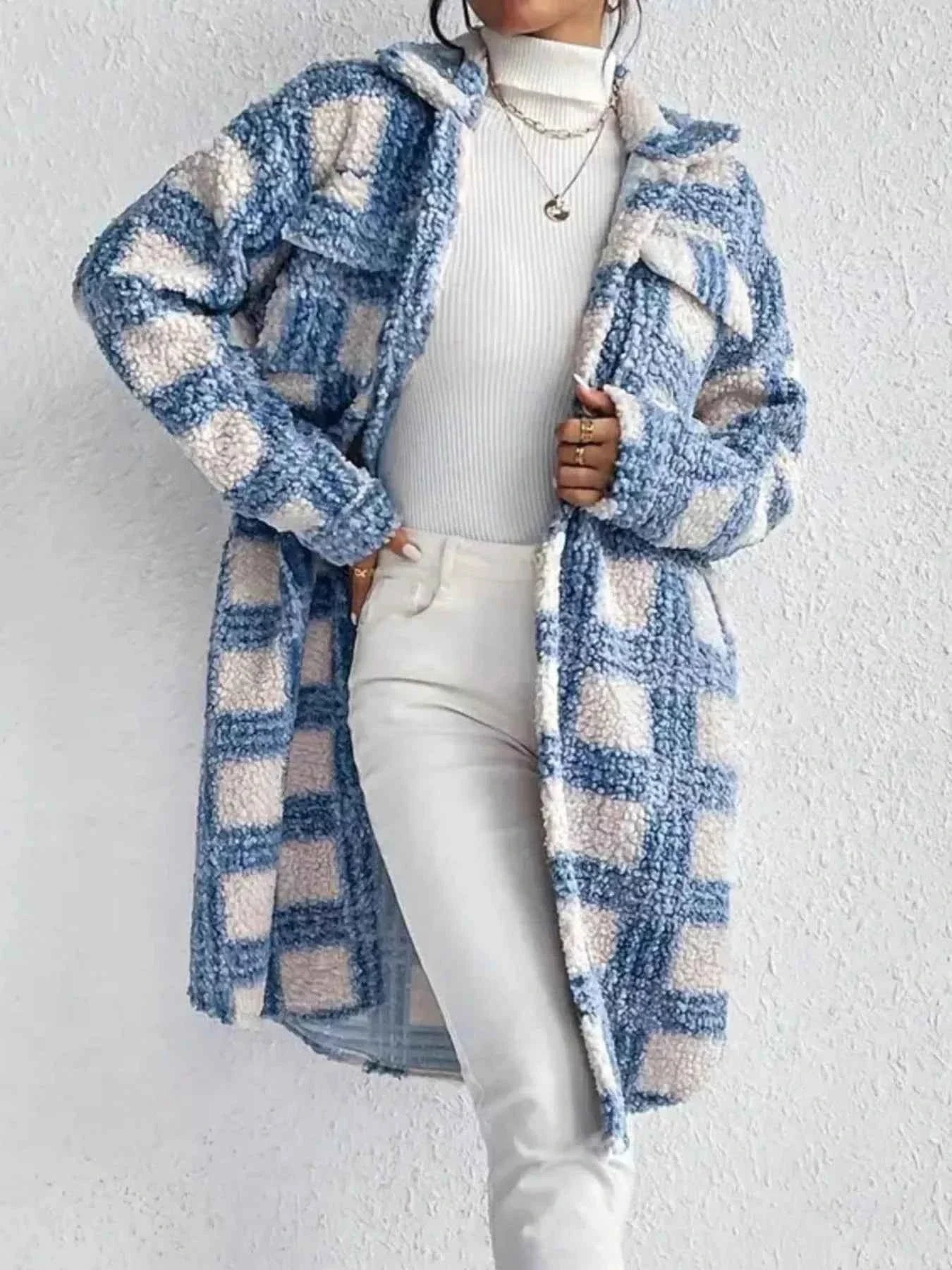 Plaid Button Up Long Sleeve Fleece Coat