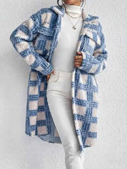 Plaid Button Up Long Sleeve Fleece Coat