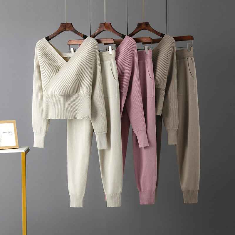 Sexy V-Neck Sweater + Casual Sport Pants Two-Piece Set for Women
