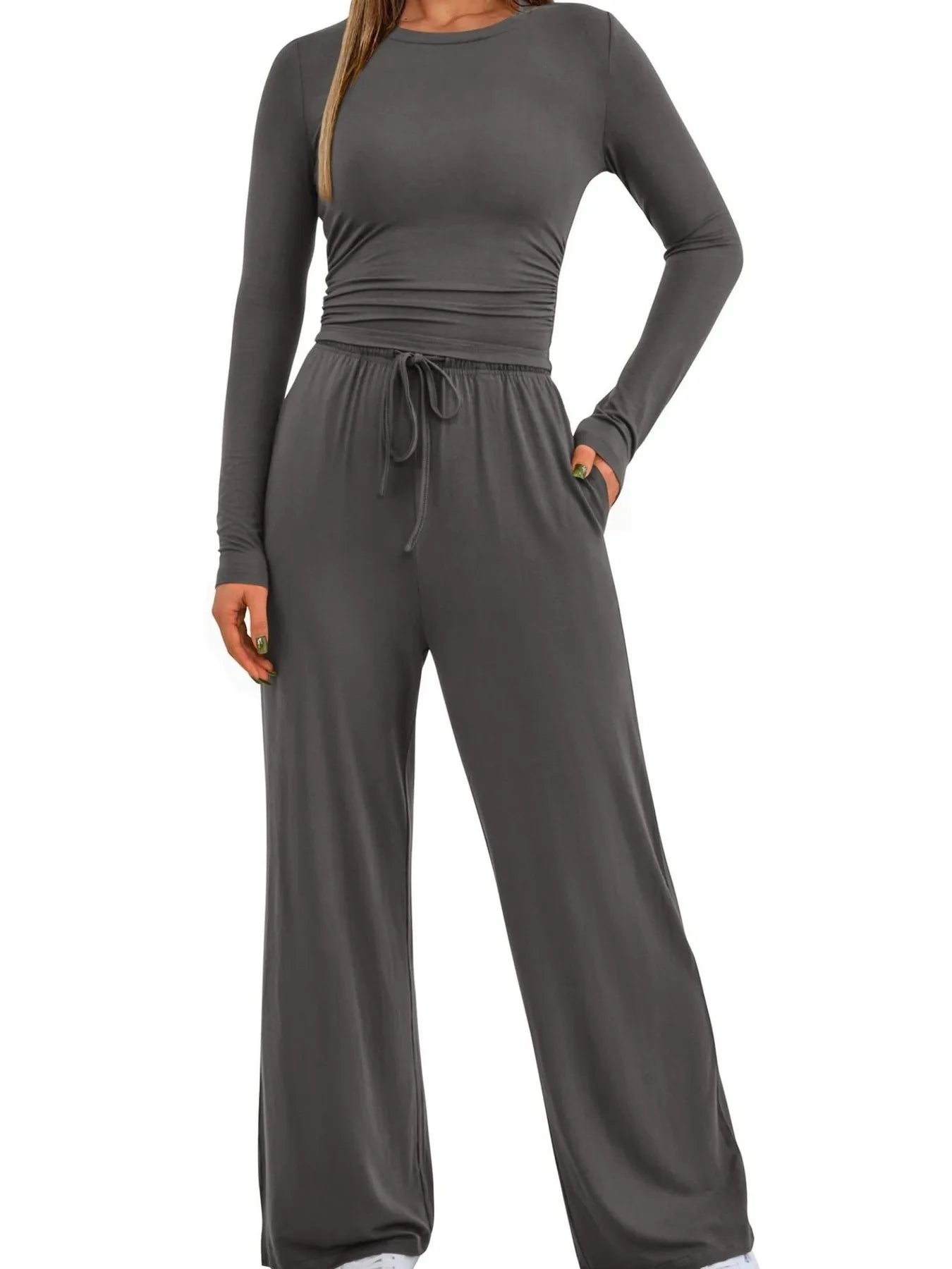 Round Neck Long Sleeve Top and Pants Set