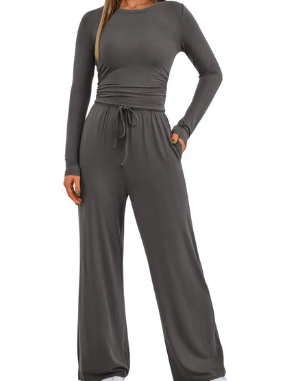 Round Neck Long Sleeve Top and Pants Set