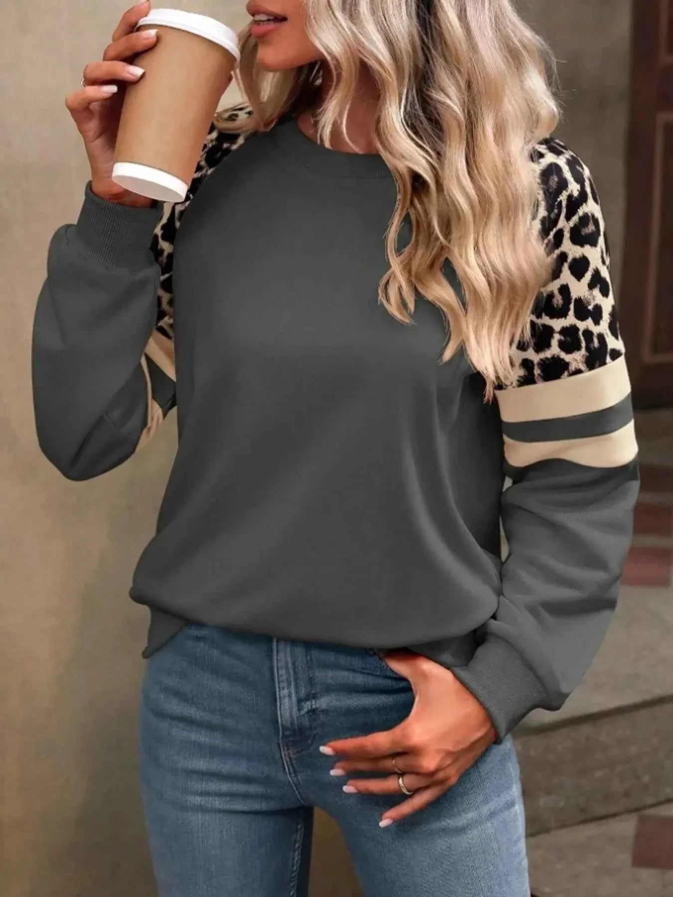 Leopard Round Neck Raglan Sleeve Sweatshirt