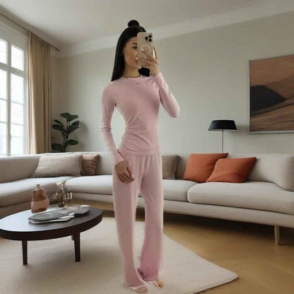 Fashionable Style Round Neck Solid Color Wide Leg Pants Elegant Commute Fashion Set