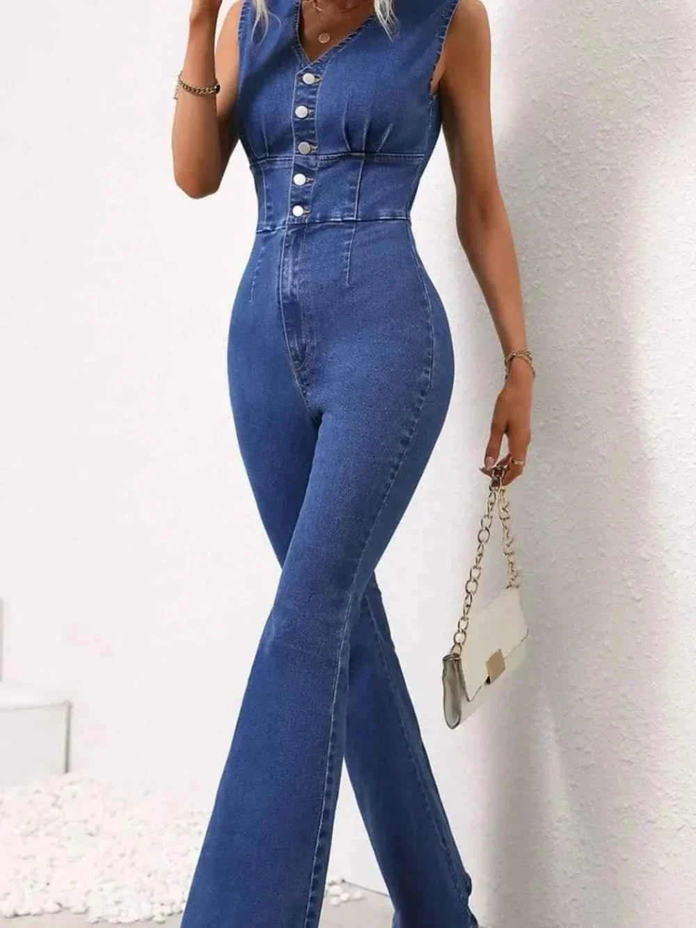 V-Neck Sleeveless : Denim Jumpsuit