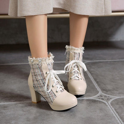 Short Boots Women's Stitching Lace Sweet Thick Heel Women's Shoes –