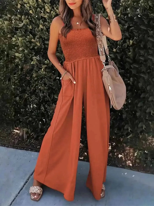 Stylish Smocked Wide : Leg Jumpsuit