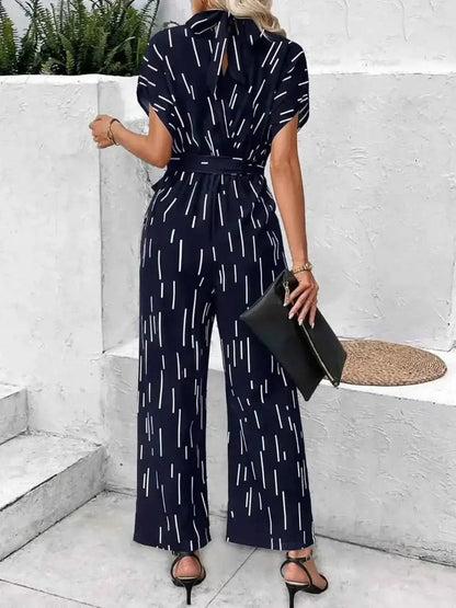 Tied Printed Mock Neck : Wide Leg Jumpsuit