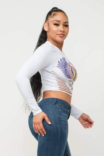 棉氨綸圓領正面絲網印花雷射切割細節長袖露臍上衣