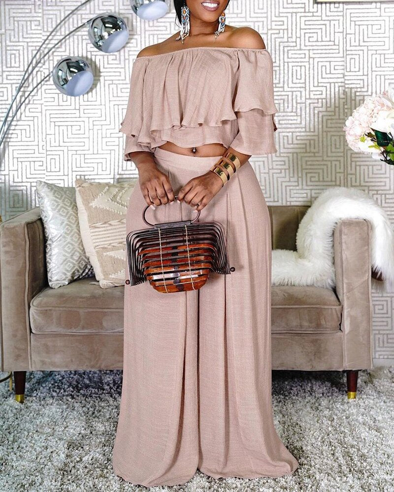 Plus Size 2 Piece Off Shoulder Crop Top & Wide Leg Pants