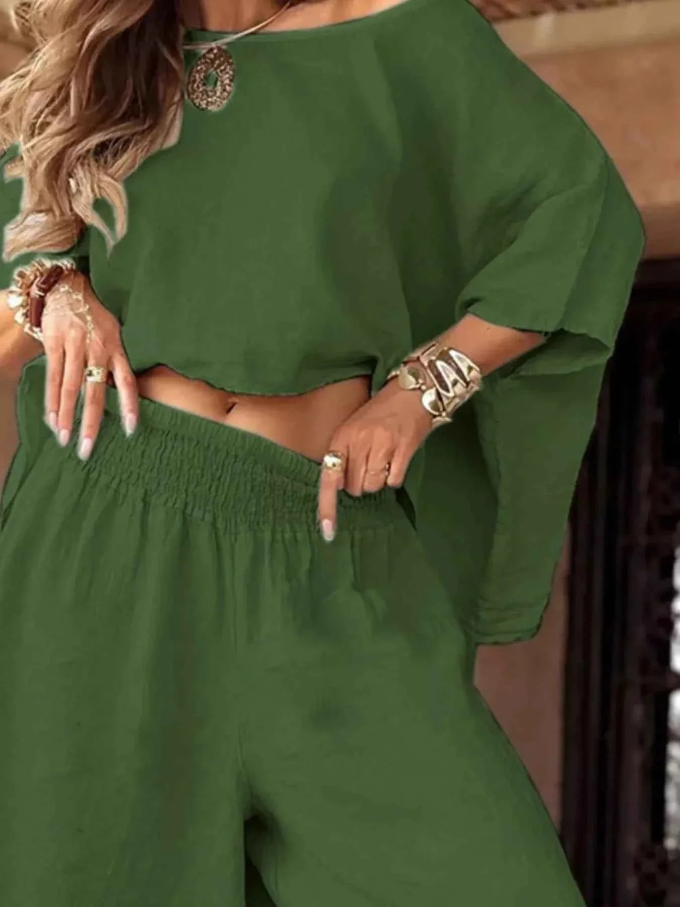 Full Size Boat Neck Top and Wide Leg Pants Set Plus Size