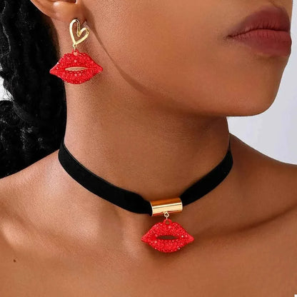 Rhinestone Lip Earrings and Necklace Jewelry Set