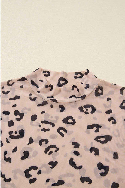Khaki Mock Neck Sheer Mesh Leopard Long Sleeve Bodysuit