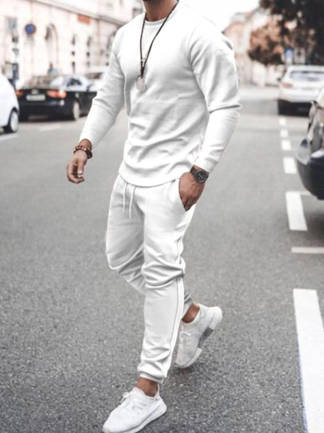 Men's Full Size Round Neck Long Sleeve Top and Pants Set Plus Size