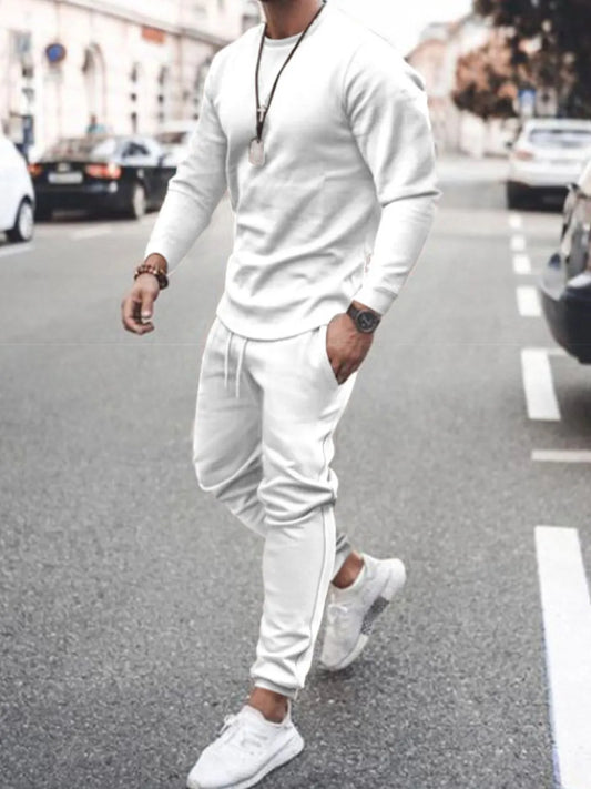 Men's Full Size Round Neck Long Sleeve Top and Pants Set Plus Size