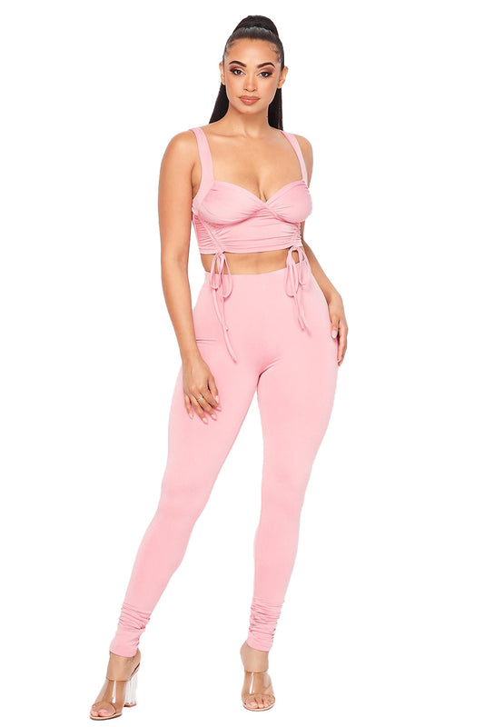 2 PC Ruched Crop Tank Top Legging Set