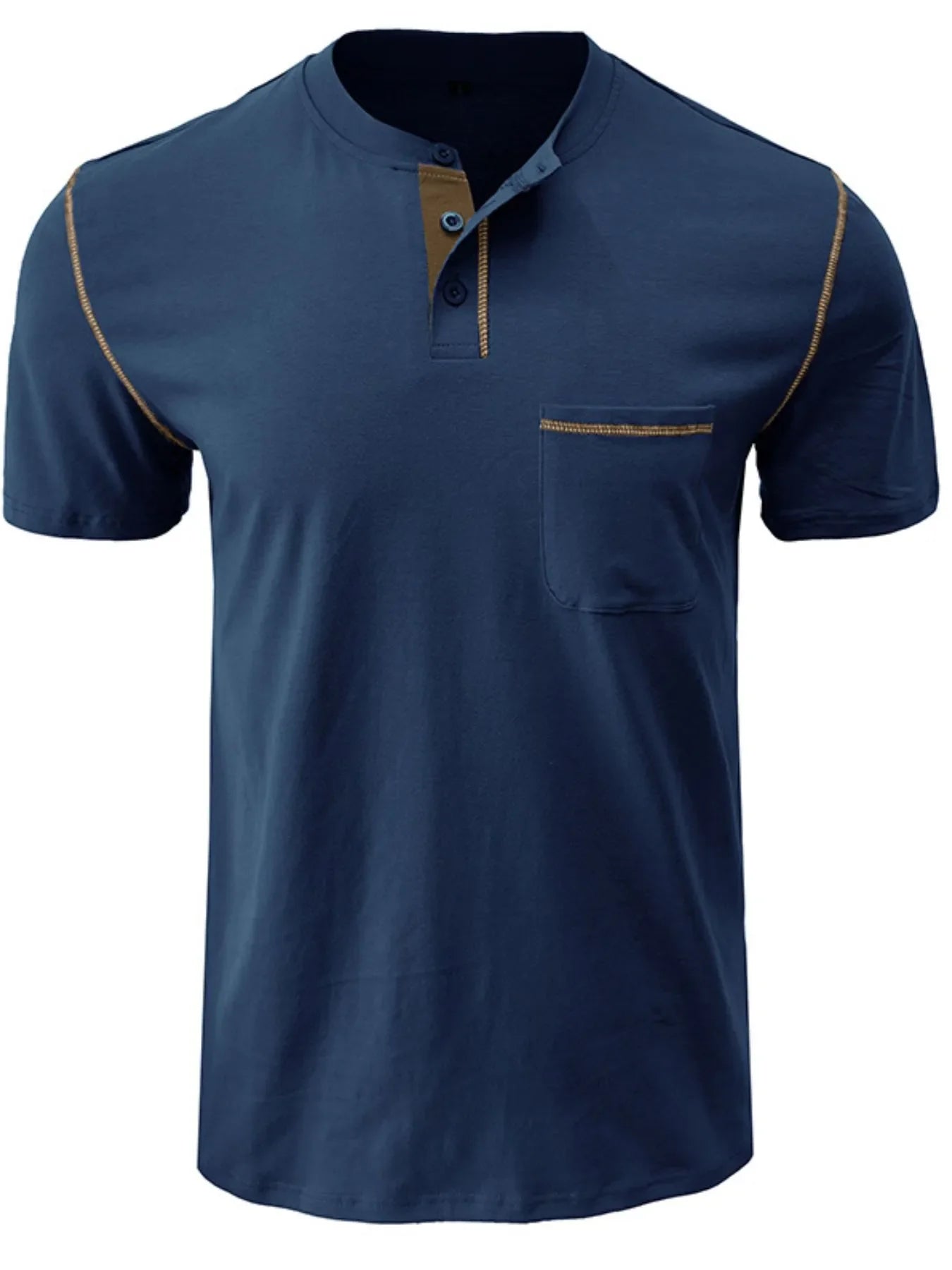 Men's Full Size Casual Henley T-Shirt with Contrast Stitching and Pocket Plus Size