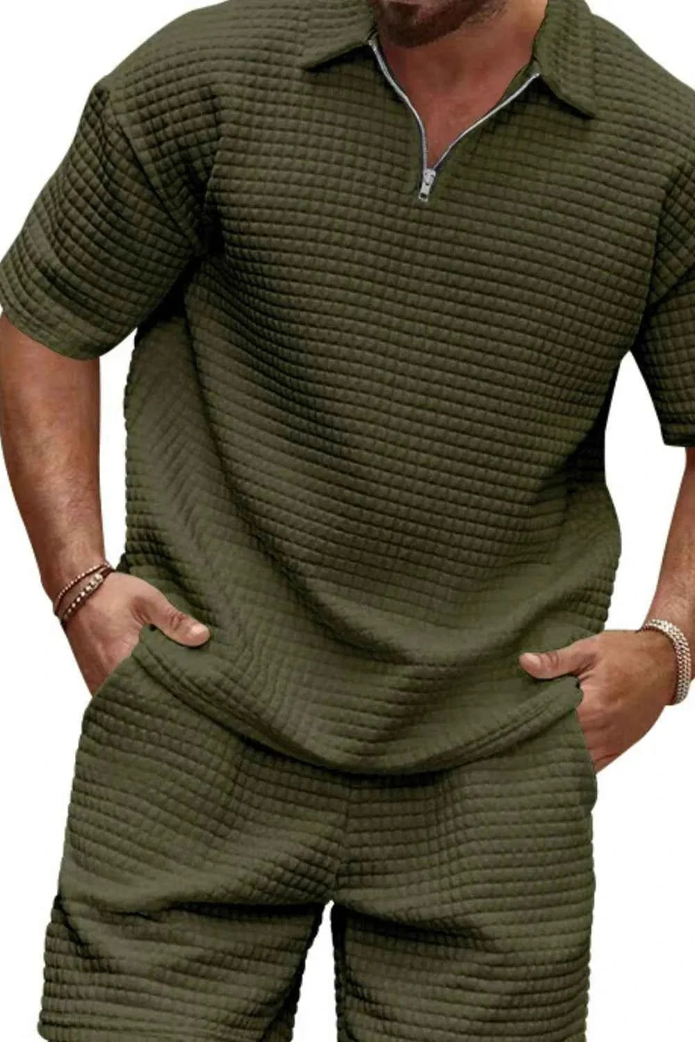 Men's Full Size Zip Collar Short Sleeve Top and Shorts Set Plus Size