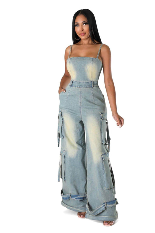 Dirty Wash Denim Jean Cargo Jumpsuit