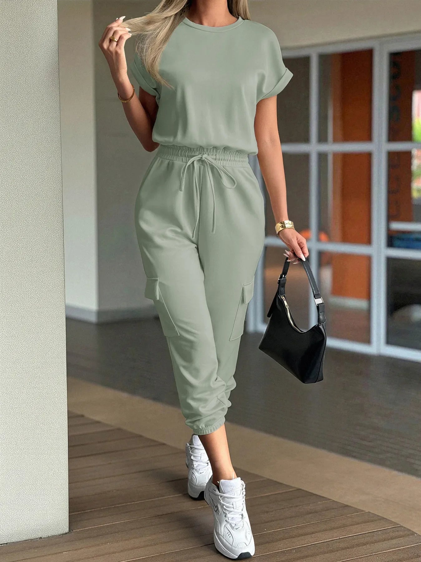 Round Neck Short Sleeve Top and Pants Set