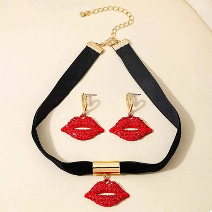 Rhinestone Lip Earrings and Necklace Jewelry Set