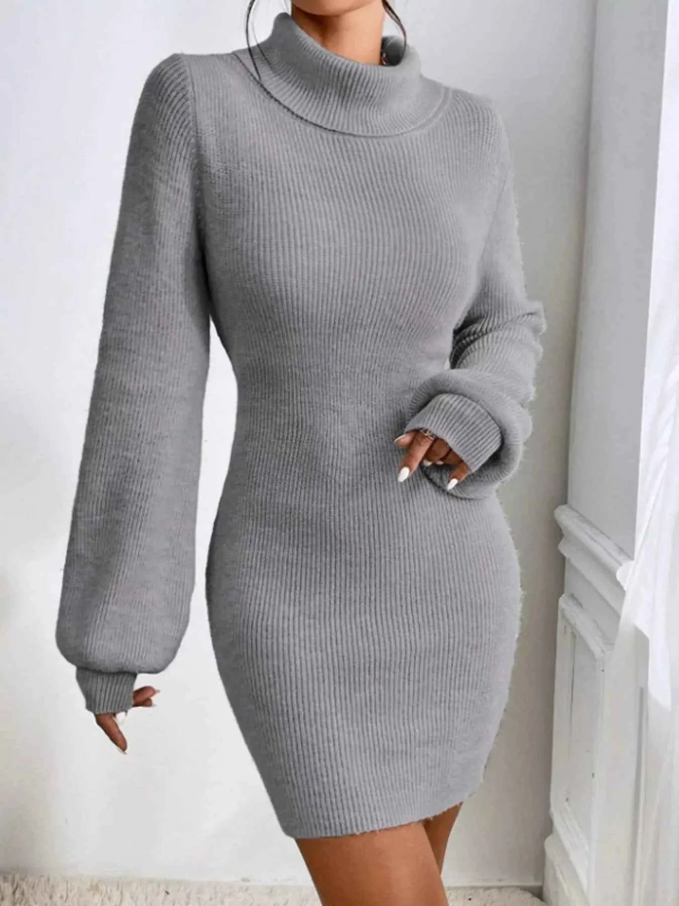 Turtleneck Ribbed Knit Sweater Dress