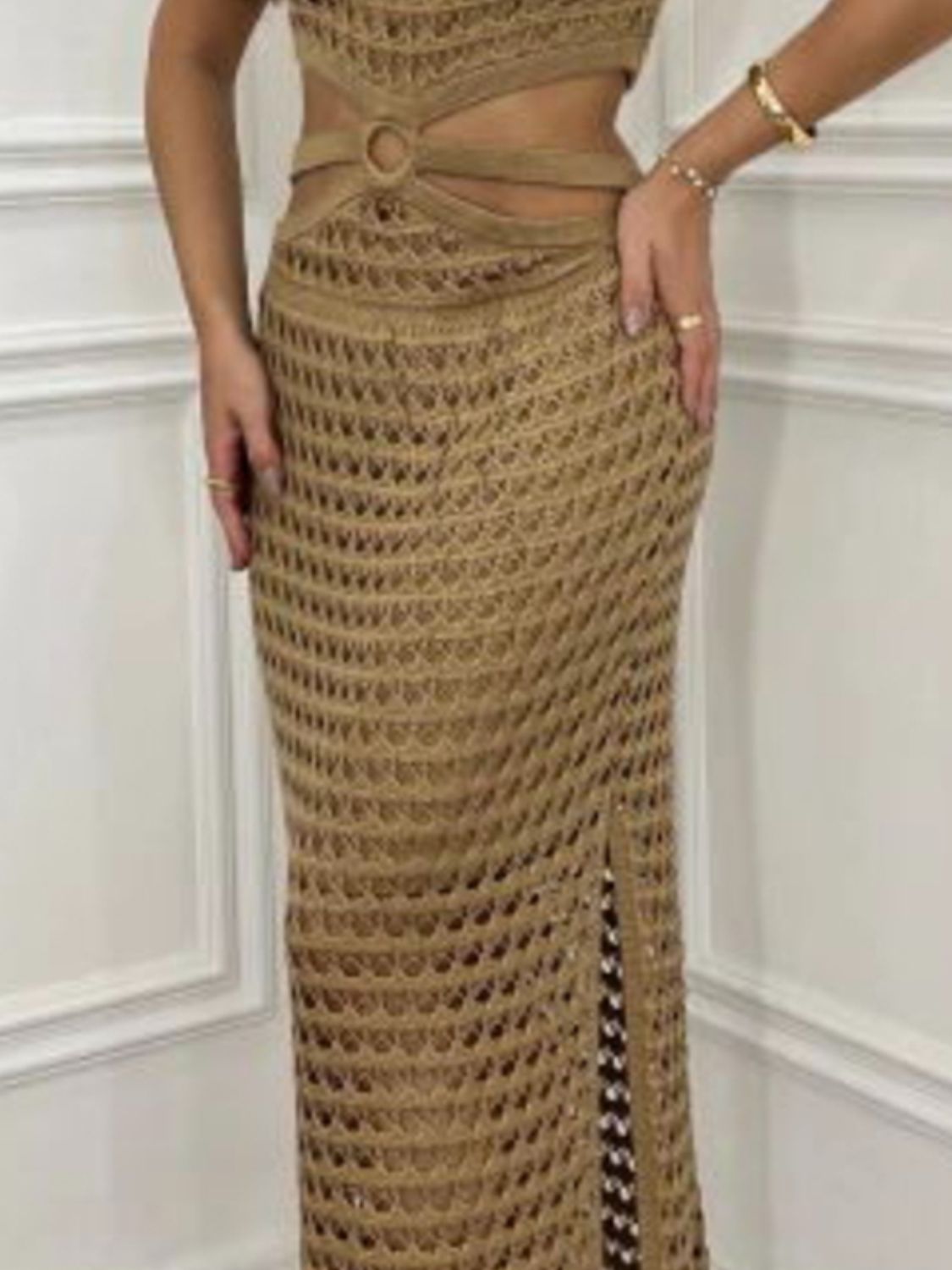 鏤空開衩圓領毛衣洋裝