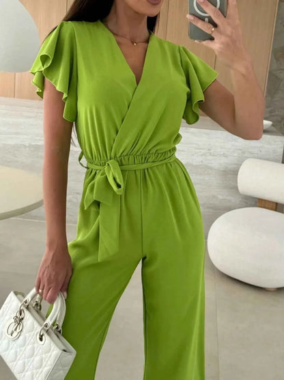 Surplice Wide Leg Belted Jumpsuit