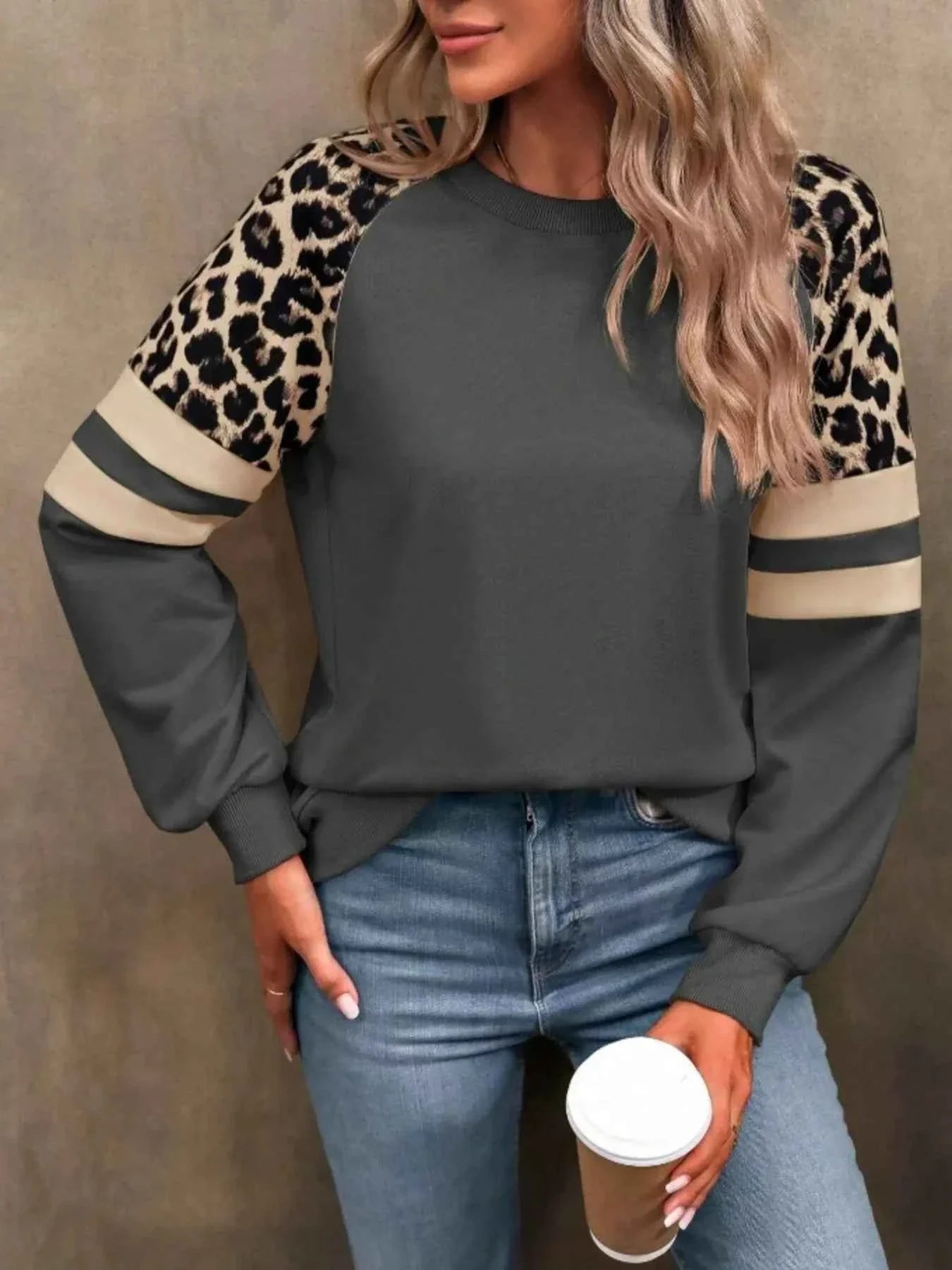 Leopard Round Neck Raglan Sleeve Sweatshirt