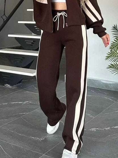 Full Size Contrast Stripe Zip Up Jacket and Pants Set Plus Size