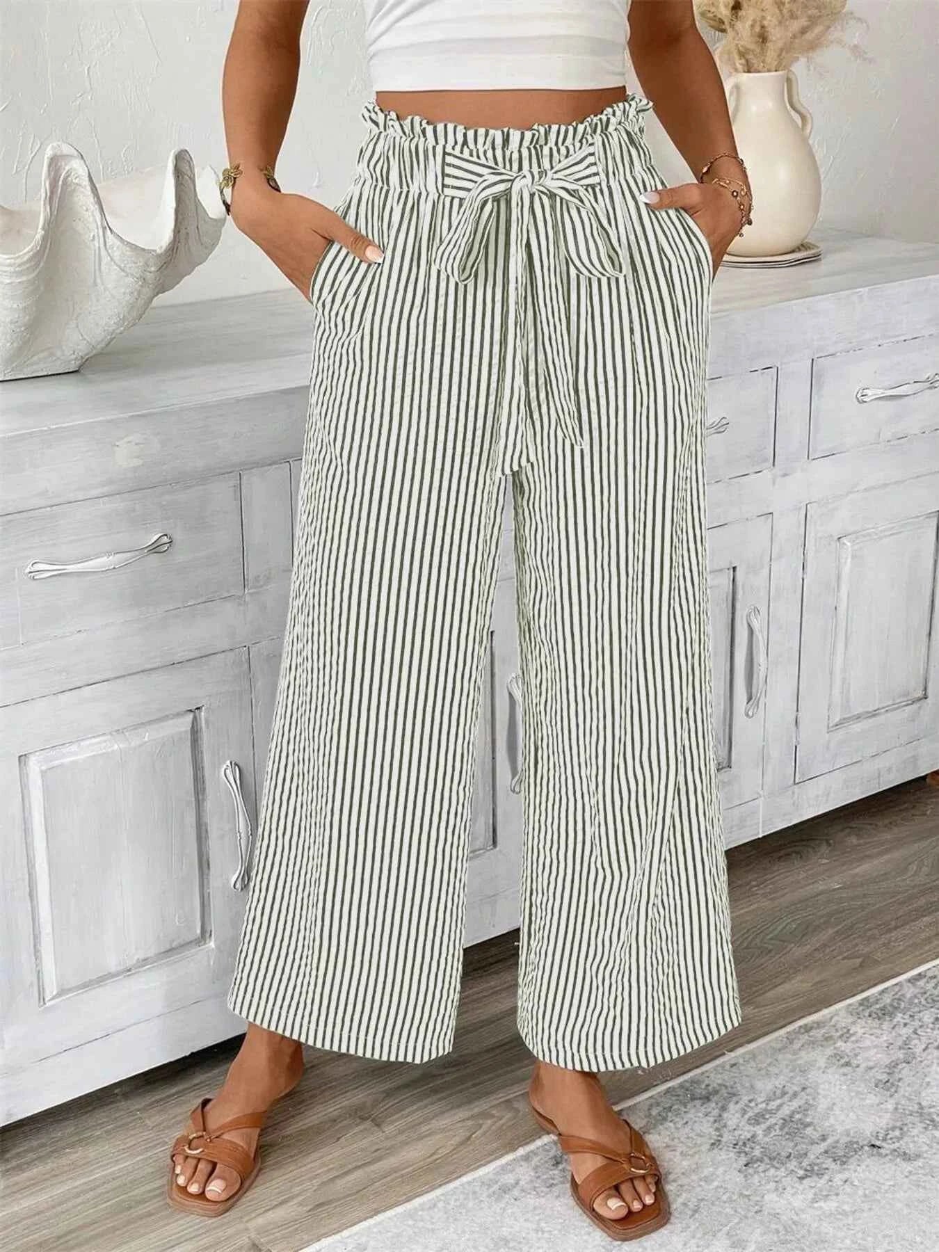 Full Size Striped Wide Leg Paper Bag Pants Plus Size