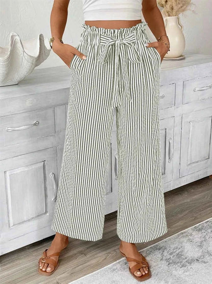 Full Size Striped Wide Leg Paper Bag Pants Plus Size