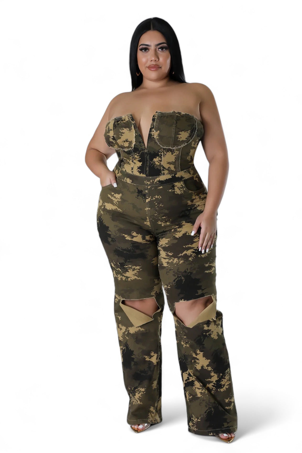 Curvy Camouflage Strapless Jumpsuit