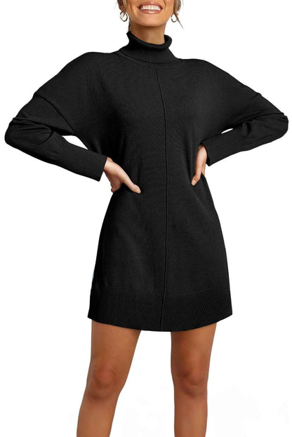 Black Solid Color Turtleneck Drop Shoulder Loose Sweater Dress