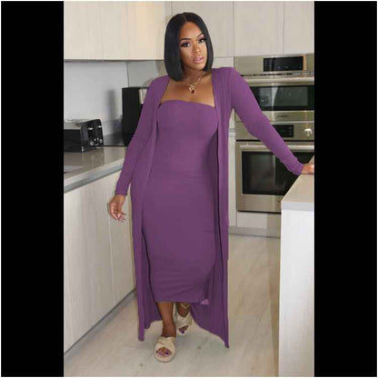 New Autumn Fashion Suit Women Solid Tube Bodycon Dress With Longline Coat Two Piece Set Casual Daily Outfits