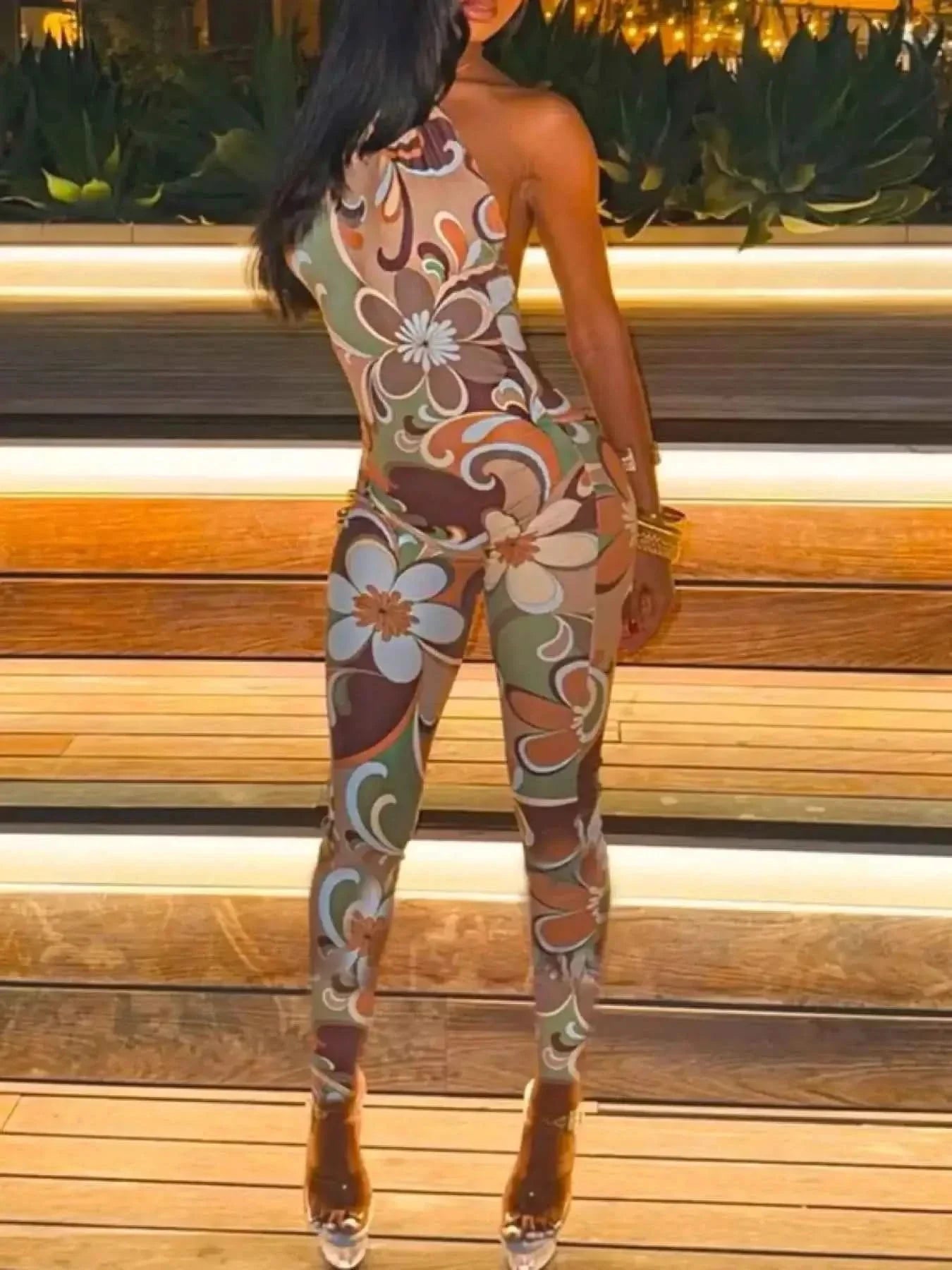 Tropical Print Bodycon Jumpsuit - Halter Neck Style
