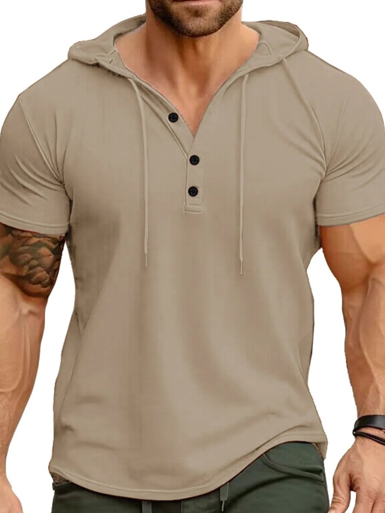 Men's Full Size Casual Hooded Henley T-Shirt Plus Size