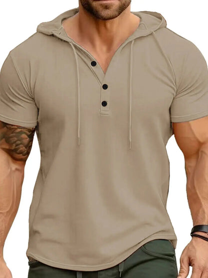 Men's Full Size Casual Hooded Henley T-Shirt Plus Size