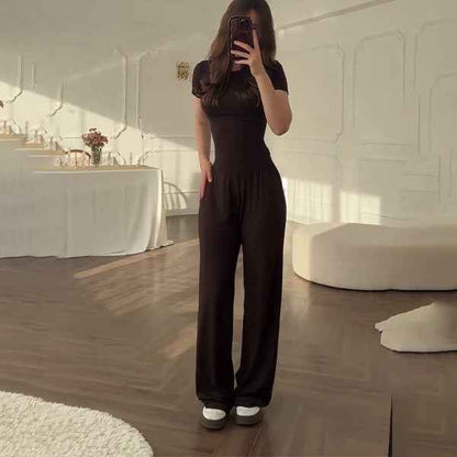 Fashionable Style Round Neck Solid Color Wide Leg Pants Elegant Commute Fashion Set