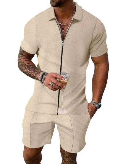 Men's Plus Size Zip Up Short Sleeve Top and Shorts Set