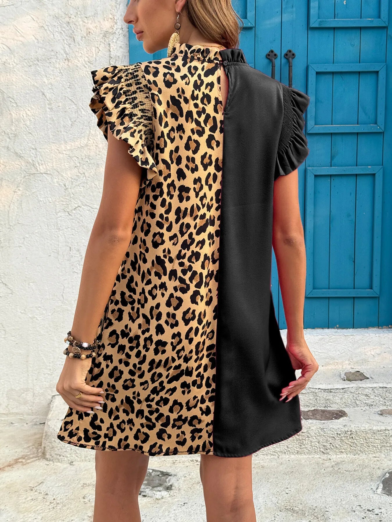 Leopard Color Block Ruffle Sleeve Dress