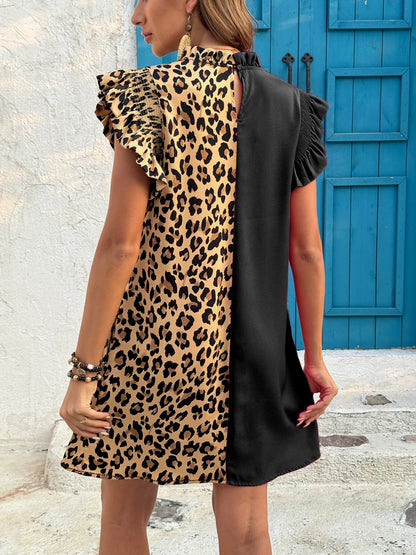 Leopard Color Block Ruffle Sleeve Dress