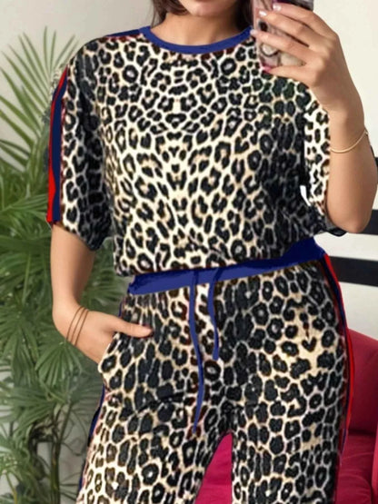 Leopard Round Neck Top and Pants Two-Piece Set