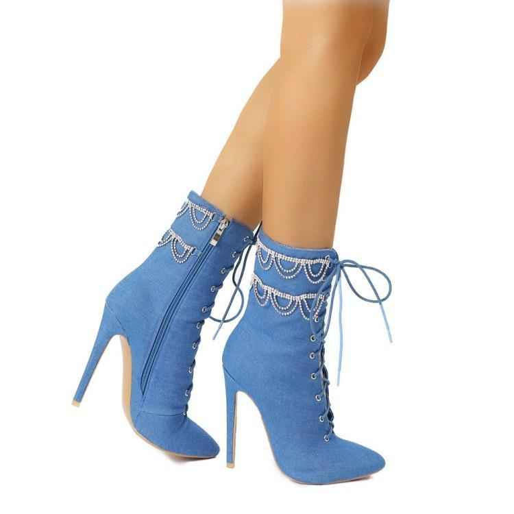 Rhinestone Chain Stiletto Pointed Toe : Ankle Boots