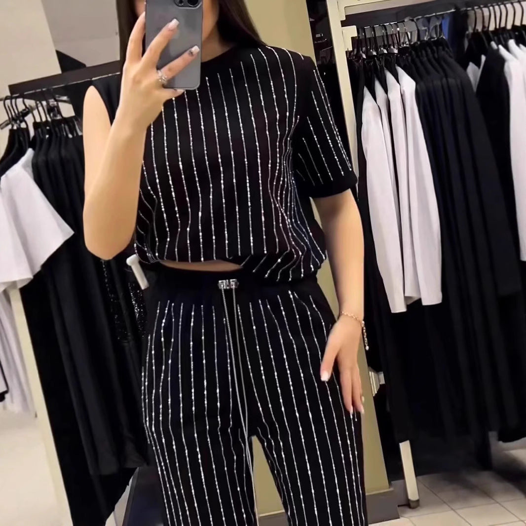 豎條紋水鑽上衣兩件套