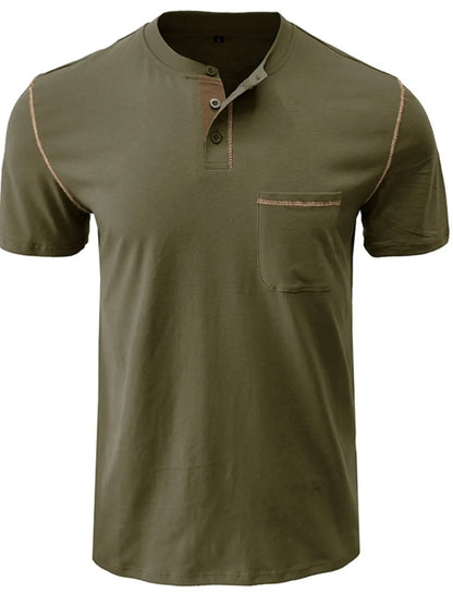 Men's Full Size Casual Henley T-Shirt with Contrast Stitching and Pocket Plus Size