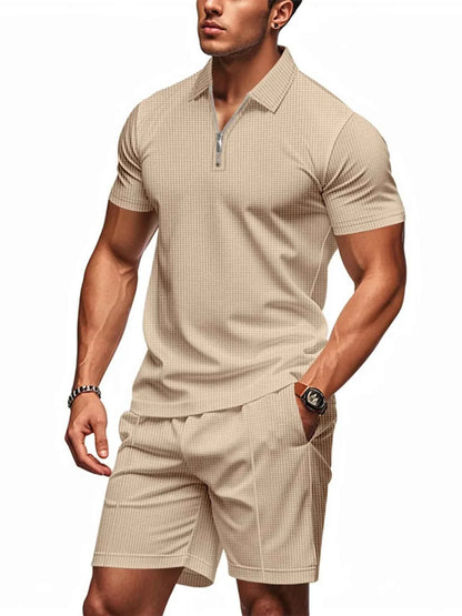 Men's Plus Size Quarter Zip Short Sleeve Top and Shorts Set