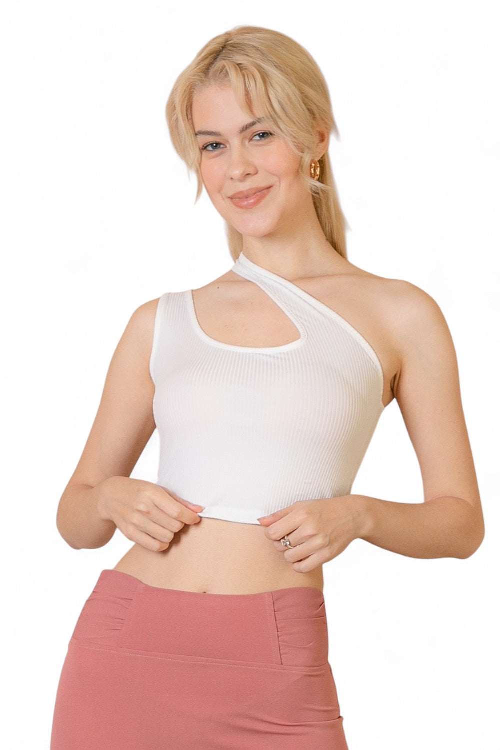 Ribbed One Shoulder Cross Strap Crop Top {BT3502}
