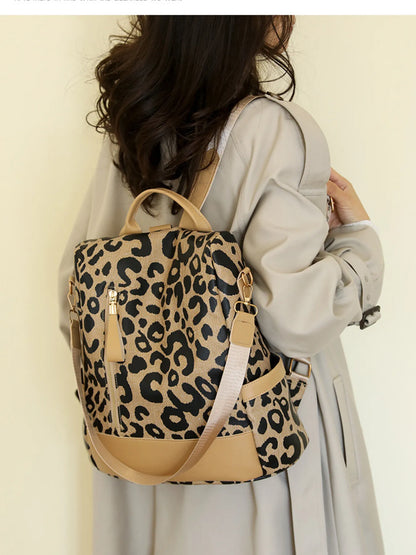 Leopard Print Backpack for Women Premium PU Leather Medium Daypack with Adjustable Straps