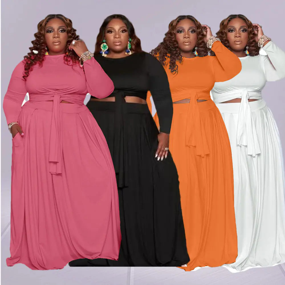 大尺碼女士性感兩件式裙裝，長袖